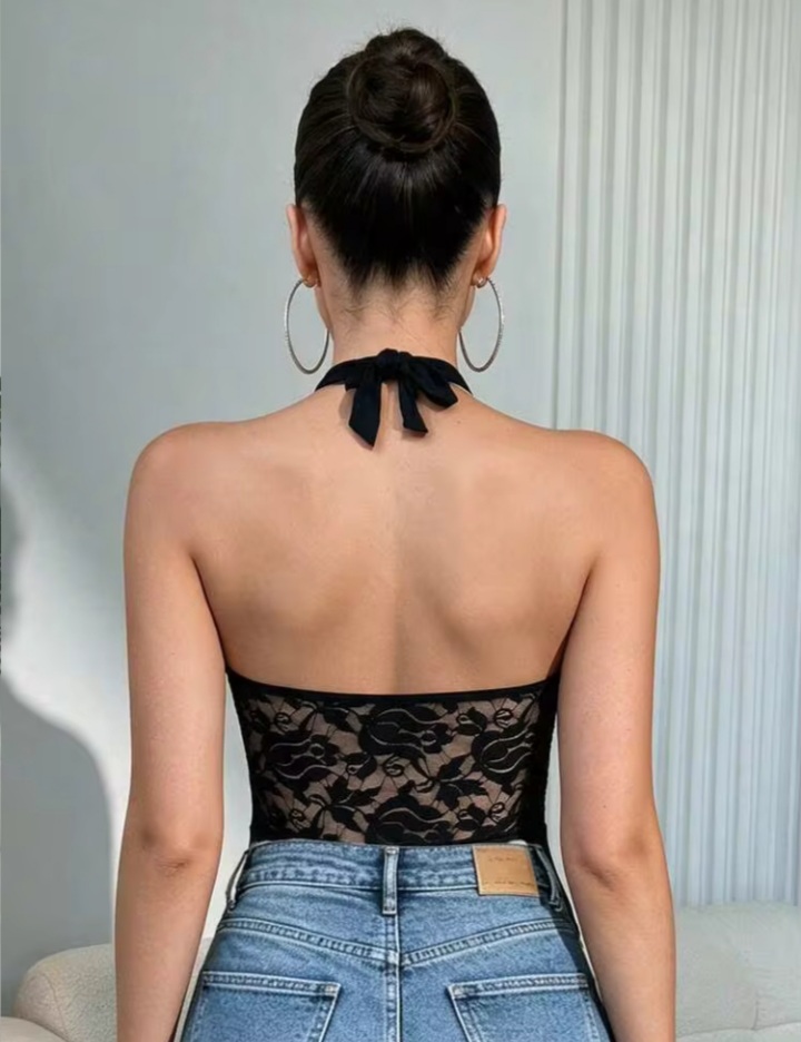 Women’s Black Lace Halter Neck Bodysuit – Stylish High-Cut Fashion Bodysuit